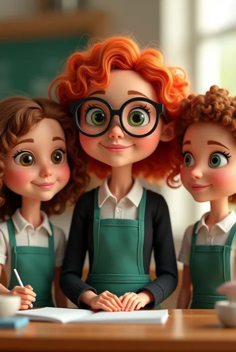  Create three dolls together , Pixar style,  there are three teachers ,  only the curly, red-haired teacher has green eyes and wears eyeglasses ,  the other two are brown-eyed ,  the three teachers are white and happy .  The red-haired teacher with green e...