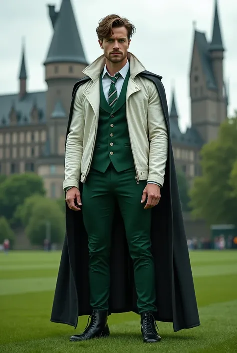 Muscular man named THOMASDOHERTY , 26 years old, textured white leather,  short brown hair, ,  blue eyes  ,  sensual face ,  marked jaw , muscular with short beard with beige shorts ,  black Slytherin cape a tie from the house of Slytherin green tights wit...