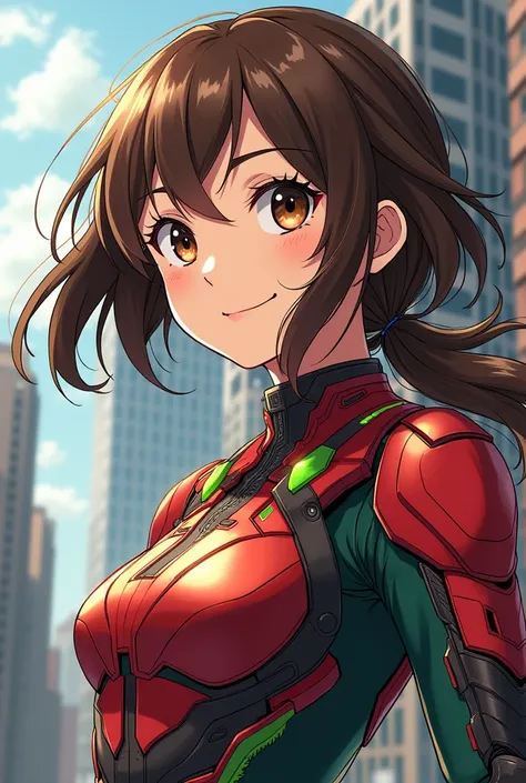 Anime character in anime style  " my hero academia", hero girl Deoru .  Brown eyes , smiles,  costume with modern red-green technologies. Portrait art