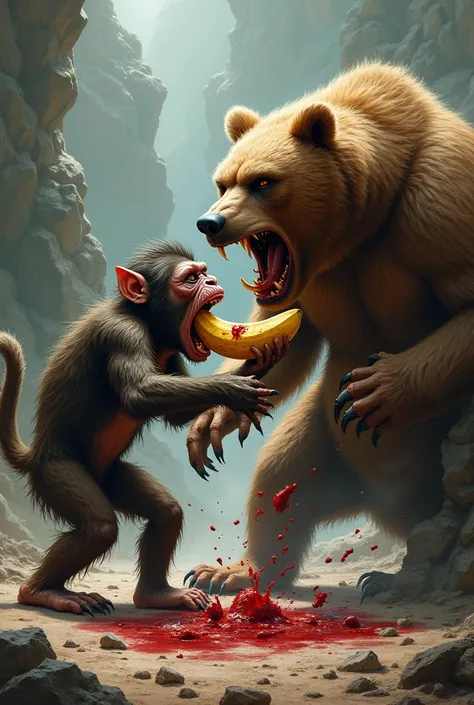 Ugly monkey eating a banana. After that he gets angry
, after that a bear comes and fight. They bot are fighting. THE MONKEY GETS ANGRY! THEY DO A BLOODY FIGHT