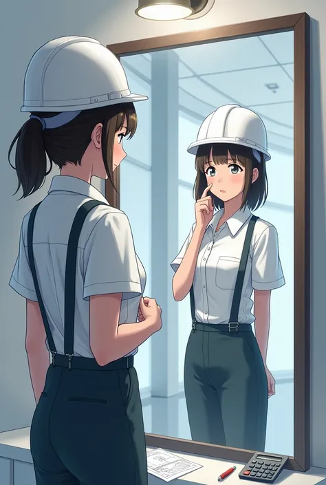 Create an image of a girl in uniform looking in the mirror but looking in the mirror like a civil engineer 