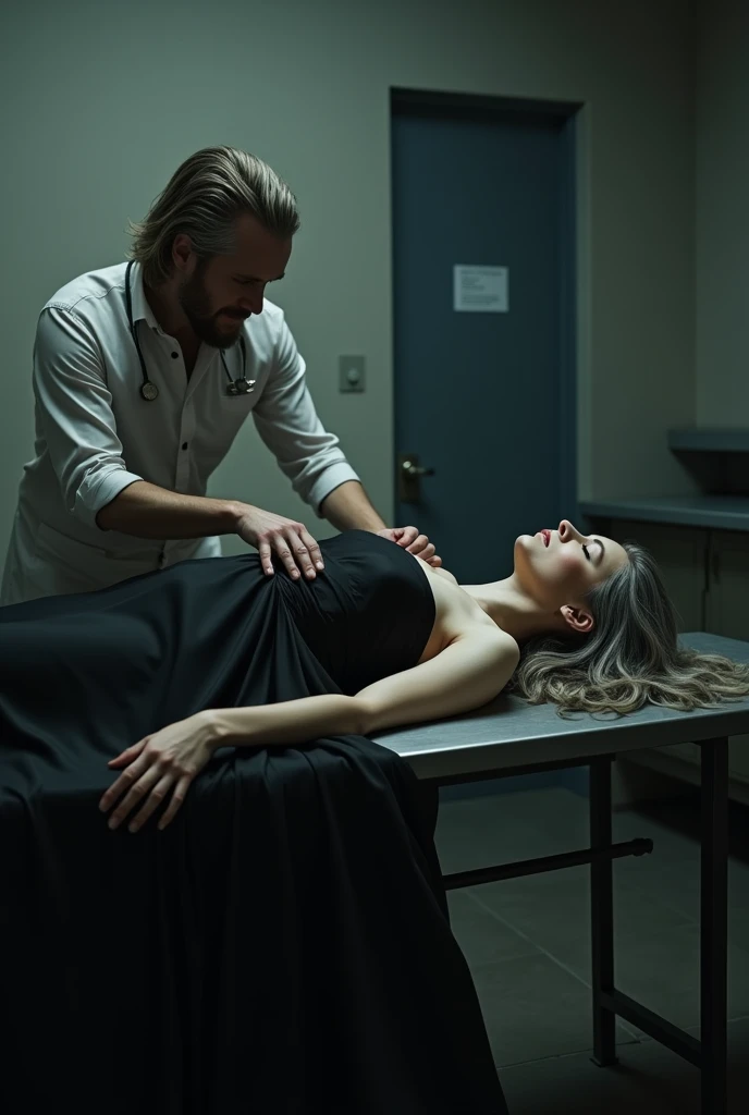 Mortician dressing a dead long grey hair 50 year old beautiful woman  lying on steel embalming table in mortuary nude in silk  black tight long  dress full side top  view.