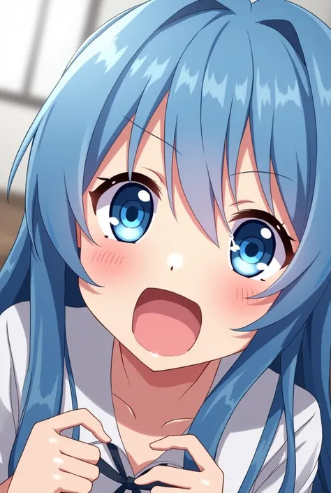 A picture of an anime girl with big blue hair and blue eyes, having sex with a clear pussy and Kiri inside, and the girl is yelling.