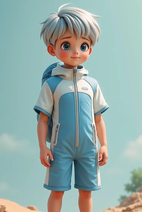  with gray hair ， black and blue eyes ，The fair-skinned young boy is wearing a one-piece hiking suit - main color:  The shoulder and chest positions use a patchwork design . Fit： to avoid discomfort caused by direct skin ， This one-piece swimsuit is a shor...