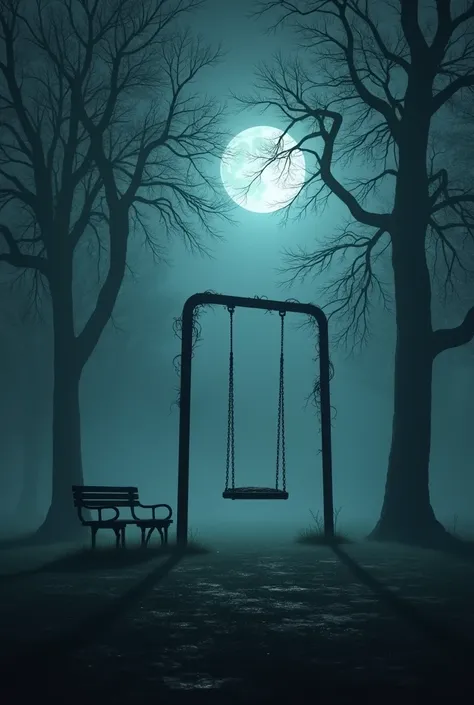 A chilling sight of a swing moving eerily on its own in the middle of a dark park. A faint, ghostly laughter seems to emanate from the area, the sound waves subtly visualized in the misty air. The surrounding trees and benches appear ominous, shrouded in s...