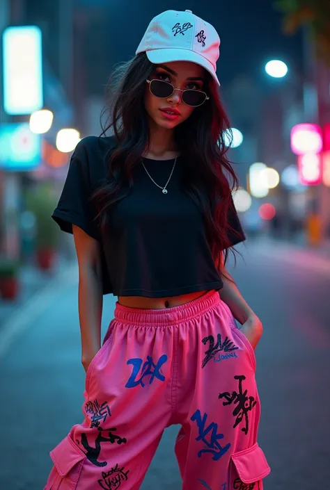  Top corner view of a beautiful girl wearing pink baggy pants full of graffiti graffiti black t-shirt trendy sunglasses, White snapback hat night city background with light lamp 