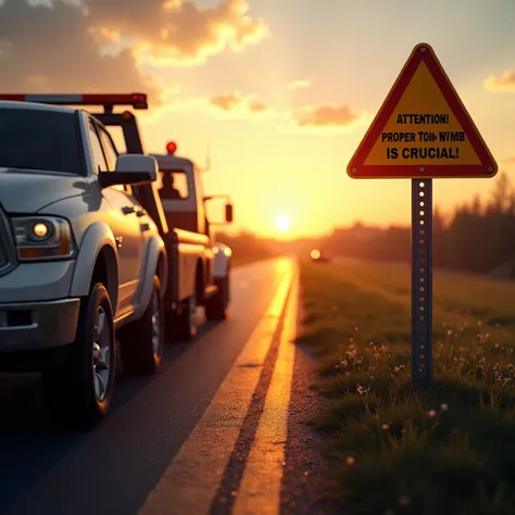  Realistic scene ,  showing a car ,  parked on the side of the road ,  attached to the tow rope next to the car and towed by a tow truck .  The foreground clearly shows ,  that the vehicles gear lever is in the “N” position ( neutral ),  shades, which emph...