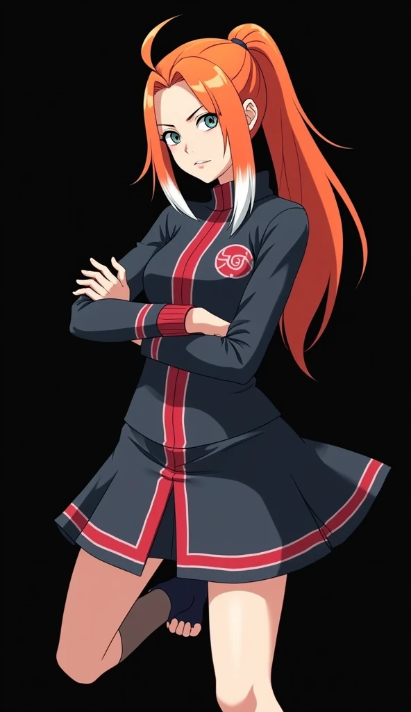 Character created by Mikio Ikemoto (8K): girl with a slender and beautiful appearance, fair skin, full body, fire-colored orange hair and very smooth with two white locks highlighted on the front, similar to those of Rogue from the X-Men, hair tied in a po...