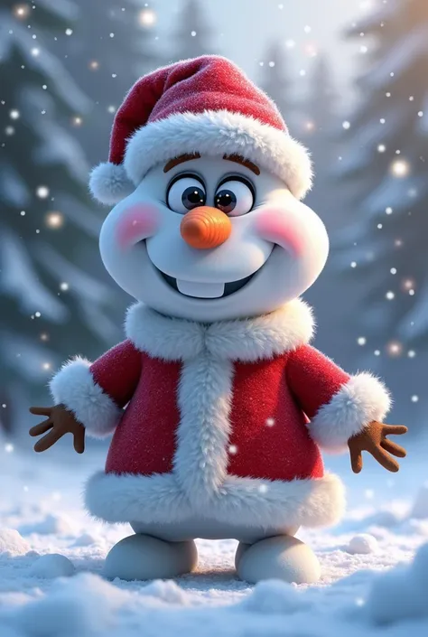 Create Olaf from Frozen as Santa Claus on the snow background