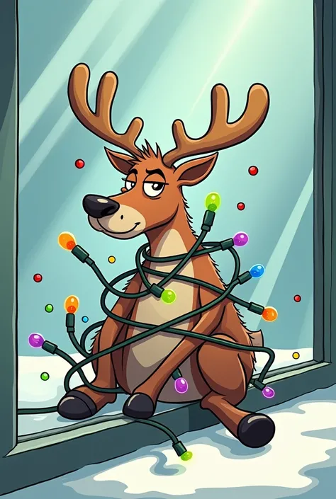 Cartoon of a reindeer crashing into glass with Christmas lights entangled in its body and its belly and legs against the glass seen from the front with a serious face 