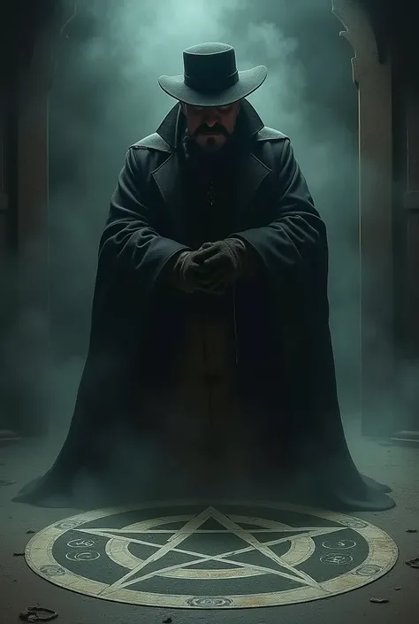 A man in a black hat and a black overcoat holding his moustaches over a pentagram on the floor 