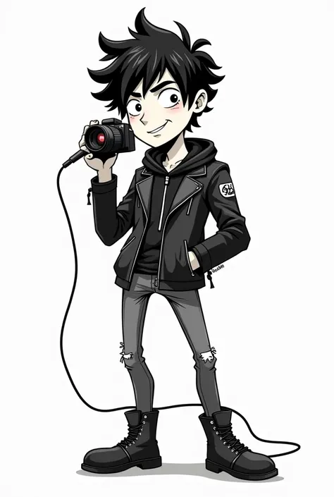 un personnage kawaii de dessin animé en noir et blanc représentant un homme photographe rockeur 