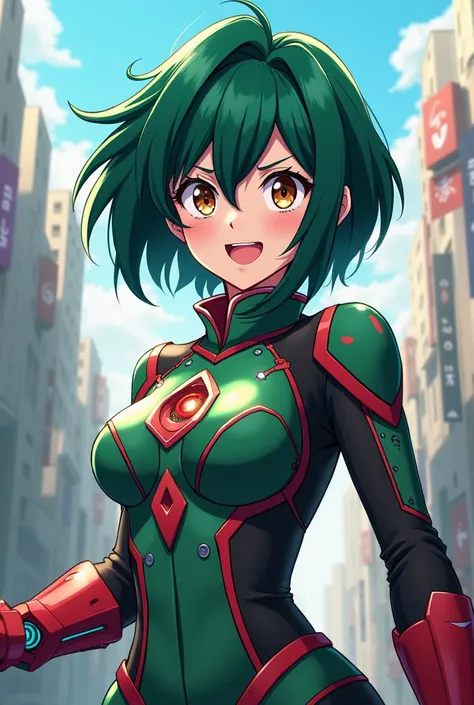  Anime character painted in anime style  " my hero academia", hero girl Deoru .  Brown eyes , short green hair , smiles,  costume with modern red-green technologies