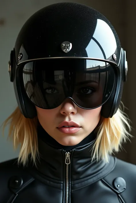 Realistic blonde girl with black moto helmet, closed visior, badass