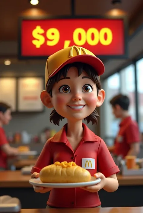 Create an image of the employee McDonalds with a cap serving a potato in the background price of Bitcoin 99,000 dollars 