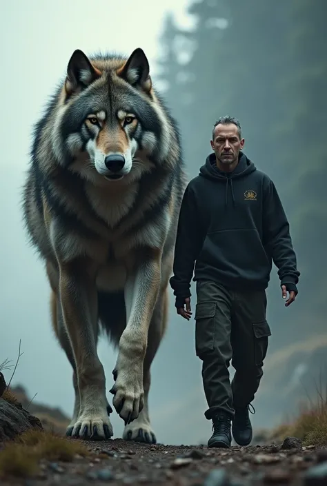 A man dressed in black casual and walking along with a very giant wolf walking together 