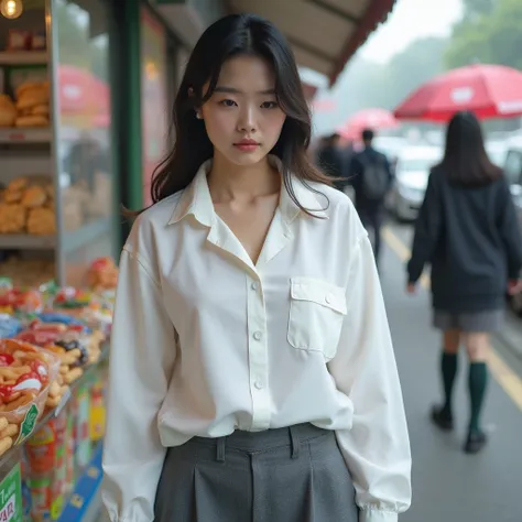 Beautiful Asian woman, , very poor ((Big breasts)) wearing a long-sleeved white oversized shirt with front collar, ((bottom of the shirt tucked into the skirt)), standing collar, shirt with 1 pocket on the chest, ((transparent whirt)) ((oversized white shi...