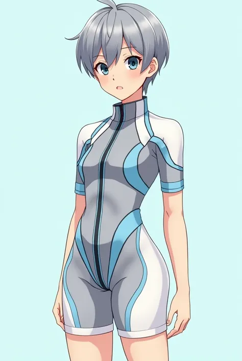  with gray hair ， black and blue eyes ，, a fair-skinned young Japanese two-dimensional boy, Masata wears a bodysuit - main color:  The shoulder and chest positions use a patchwork design . Fit： to avoid discomfort caused by direct skin ， This one-piece swi...