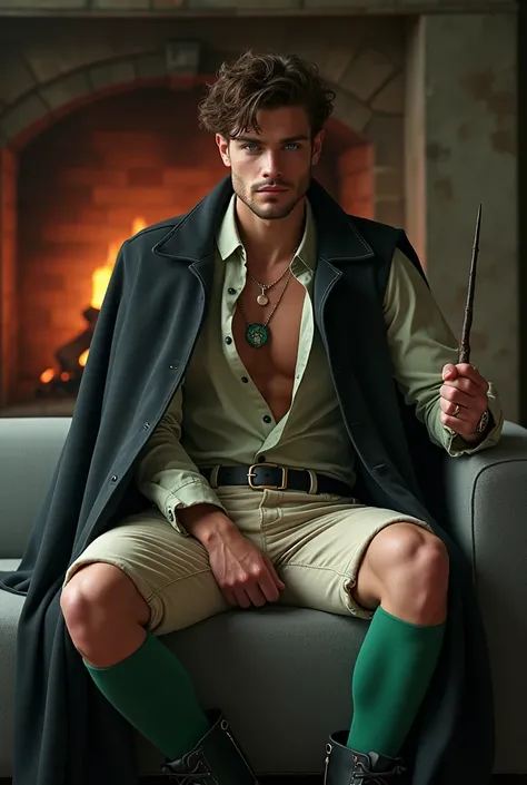 Muscular man named THOMASDOHERTY , 26 years old, textured white leather,  short brown hair, ,  blue eyes  ,  sensual face ,  marked jaw , muscular with short beard with beige shorts ,  black Slytherin cape a tie from the house of Slytherin green tights wit...