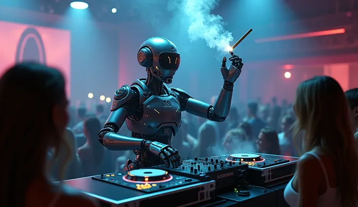 dj mixerinde dj lik yapan biyonik bir robot yarat.  let there be a hand in the air and a cigar in her mouth. Let there be smoke around .  and women in front of  