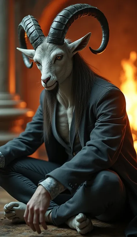 (photorealism:1.2),handsome male, gray skin, handsome human face, goat horns coming out of forehead, legs are goat like, digitigrade legs, fantasy suit, long straight hair, indoors, bonfire in background, relaxed pose, realistic, intricate details, warm co...