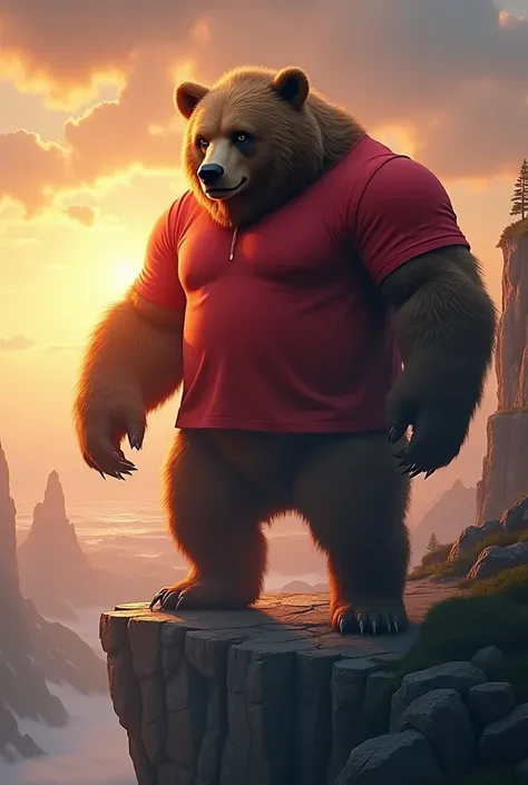  and an anthropomorphic giant bear standing on a cliff， It wears a red short-sleeved top ，Behind it is the rising sun 