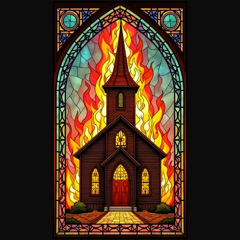 “A detailed stained glass design of a Catholic church window. Inside the window, a wooden church in a traditional American style is depicted engulfed in realistic flames, with vibrant reds, oranges, and yellows blending harmoniously. The stained glass feat...