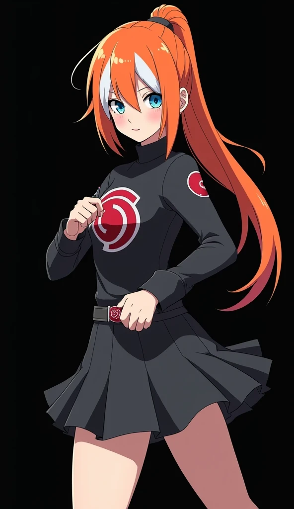 Character created by Mikio Ikemoto (8K): girl with a slender and beautiful appearance, fair skin, full body, fire-colored orange hair and very smooth with two white locks highlighted on the front, similar to those of Rogue from the X-Men, hair tied in a po...