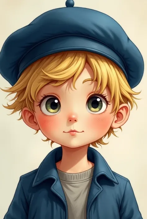 A boy with blond hair is wearing a blue beret 