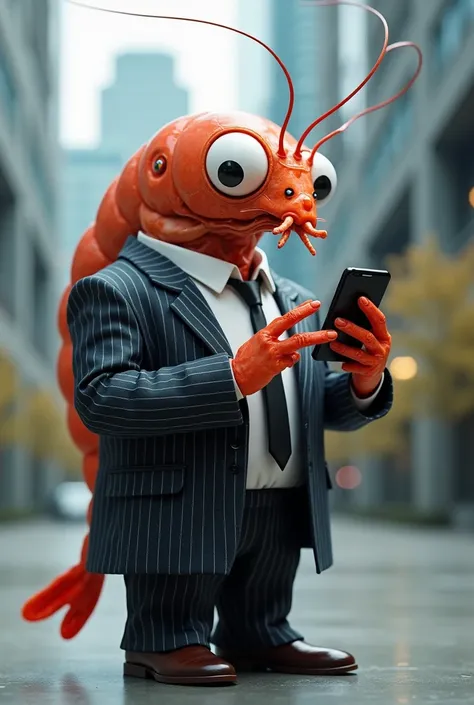 Shrimp in suit human like using phone and texting