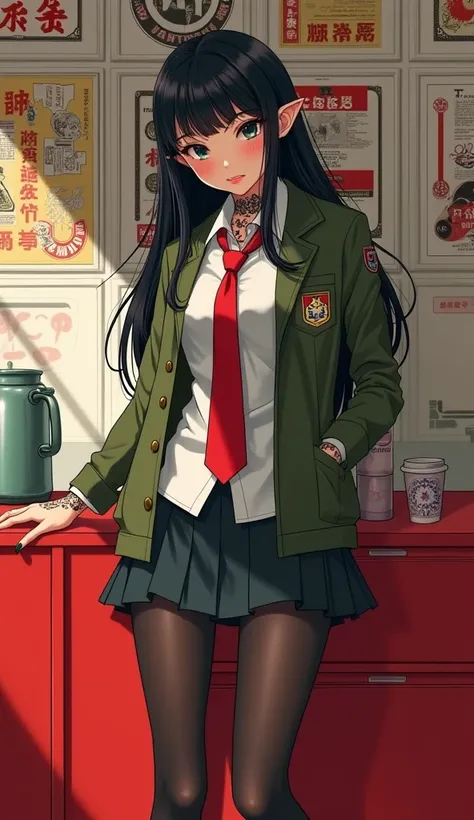 " A young woman with a stylized and modern appearance with pointed ears , long dark hair,  and striking eyes .  She wears a personalized school uniform :  olive green jacket with red tie ,  tight white shirt and short pleated skirt .  Her look is unique , ...