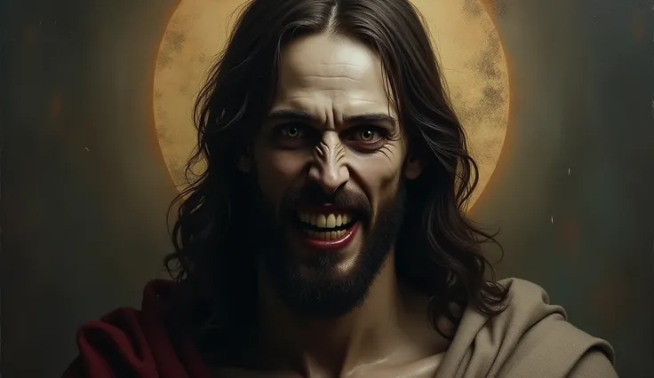 portrait of evil jesus, smiling maliciously