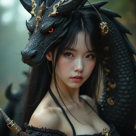 (nsfw) sexy erotica, (large cleavage,Big tits),(1 girl,korea face sexy 18 year old girl , pale skin, (body heigth:140cm), innocent look, Young face,Onna-bugeisha with bow and arrow on a black dragon,( She wields a massive demonic sword,, dripping with sent...