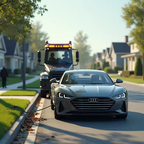  Realistic scene ,  showing a car ,  parked on the side of the road ,  attached to the tow rope next to the car and towed by a tow truck 