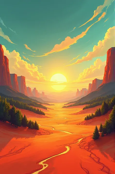 Generate an image for a movie announcement poster design paint pattern art in desert with forest and sky.