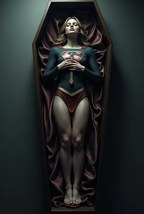 Dead Supergirl barefoot  lying in satin coffin hands folded on chest holding crucifix eyes closed mouth closed  full side top  view.