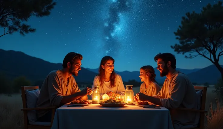 Representation of biblical times. A vibrant scene of a family gathered around a table outdoors, sharing a meal under the glow of lanterns. Above them, the night sky is filled with stars, symbolizing the divine presence and interconnectedness of humanity. S...