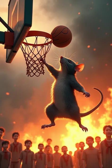 make a picture of a rat dunking a basketball into a basketball hoop. put a lot of fire in the background, and asian people watching it.