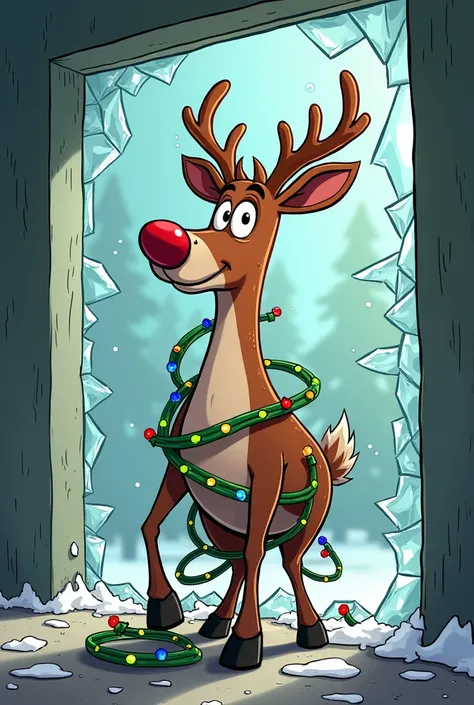 Cartoon of a reindeer crashing into glass with Christmas lights entangled in its body in a standing position with outstretched upper legs and looking straight ahead, not from the dizzy side.