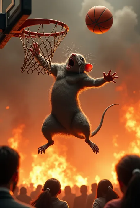 Make a picture of a rat dunking a basketball in a basketball hoop. Put a lot of fire in the background, and Asian people watching it. Make the rat angry or have a serious face while dunking the ball.