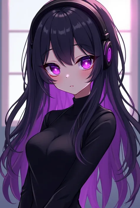  An anime-style girl with fair skin, black hair with purple highlights, black clothes, black headphones with purple details, purple right eye, left eye magenta,  star-shaped pupils , She is naked