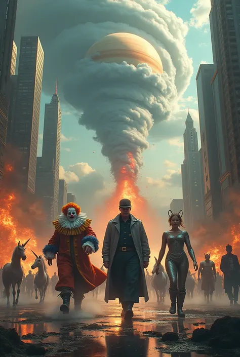 Landscape of a Future , A clown , A unicorn, A policeman , A king ,  all walking around the city, Saturn in the sky ,  a hurricane ,  and erupting volcano , 