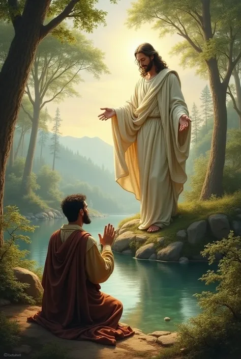  A man kneels before Jesus Christ in nature 