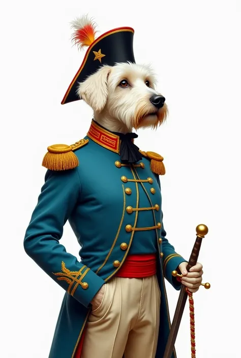  painting of a white-haired visla dog wearing Simon Bolivars uniform , with a white background.  Simón Bolívar wore a uniform ,  Turquoise blue jacket ,  red lining , Flap, neck,  lapels and grained pants ,  with gold embroidery ,  featuring bay leaves ,  ...