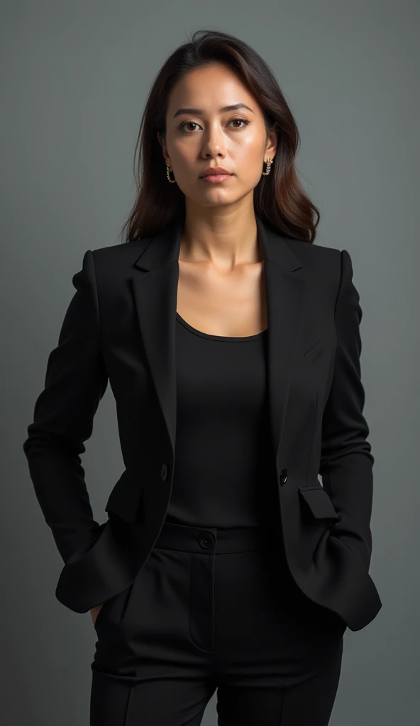 A powerful woman photographed in close-up, with her head held high and shoulders straight, looking directly at the camera. She is wearing a fitted black blazer and shirt and discreet earrings, against a minimalist background in soft gray tones. The lightin...