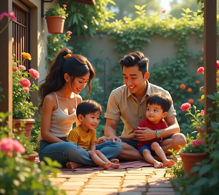 Realistic Argentinian family in their small garden with flowers enjoying peace