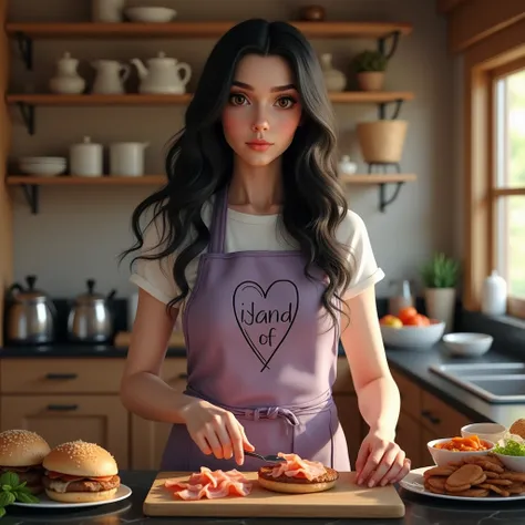  beautiful woman with long wavy and beautiful black hair with very white and light skin ,  big brown eyes wearing a lilac apron with a black heart embroidered on the apron and the phrase Island of Love embroidered under the heart,  cooking in a luxurious k...