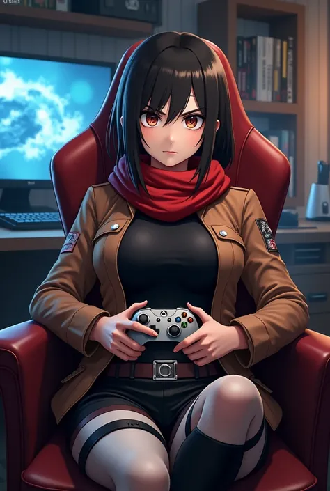  MAKE ME A SMILING MIKA ACKERMAN FROM ATACK ON TITANS WITH A TIGHT BLACK SHIRT AND BROWN JACKET ,  with a good physique , a big bust , RED SCARF PLAYING XBOX IN A GAMER ROOM
