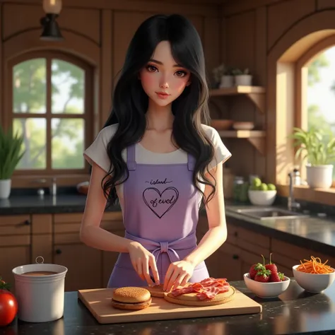  beautiful woman with long wavy and beautiful black hair with very white and light skin ,  big brown eyes wearing a lilac apron with a black heart embroidered on the apron and the phrase Island of Love embroidered under the heart,  cooking in a luxurious k...