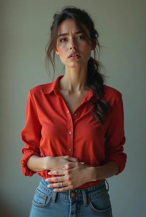 a thin woman, red shirt, jeans, hands on stomach, worried expression, realistic, (best quality,4k,8k,highres,masterpiece:1.2),ultra-detailed,(realistic,photorealistic,photo-realistic:1.37),HDR,UHD,studio lighting,ultra-fine painting,sharp focus,physically-...